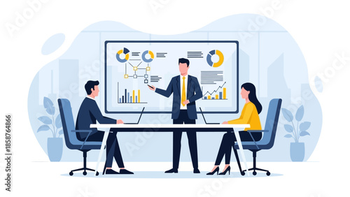 Business professionals engaging in a presentation and discussion around a table with graphical data display