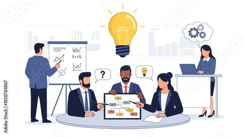 Diverse team of professionals collaborating on a business strategy with a lightbulb symbolizing innovation.