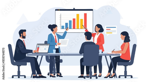 Professional business team collaborating and presenting financial data and growth strategies in a modern office meeting.