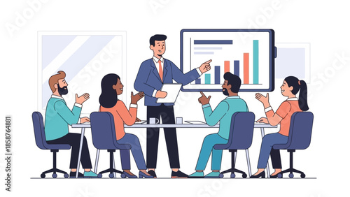 A business presentation being given to a group of people seated around a table in a modern office setting