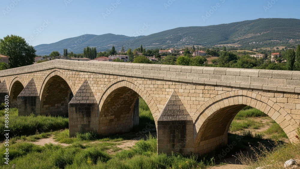 Fototapeta premium Historic stone arch bridge over dry riverbed in rural landscape