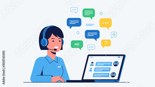 Customer service representative working on laptop with chat interface and communication icons