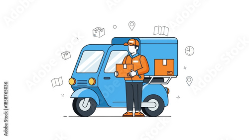 Delivery person in orange uniform standing beside a blue delivery truck with packages