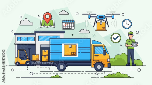 Delivery truck parked outside warehouse with packages being loaded and unloaded by forklift and drone in operation