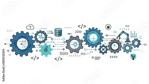 A collection of gears and icons representing technology and industry in a graphic illustration