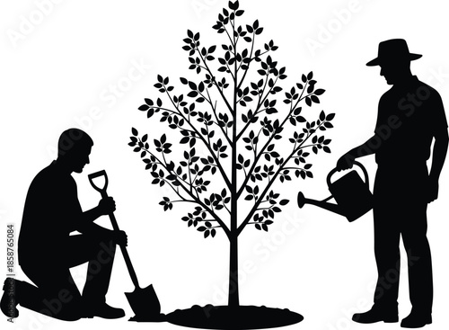 Two gardeners planting and watering a young tree in silhouette, environmental conservation concept symbolizing teamwork, growth, sustainability and nature care