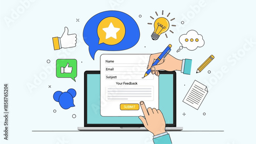 Hands holding a pen and interacting with a digital feedback form on a laptop screen surrounded by various social media and feedback icons