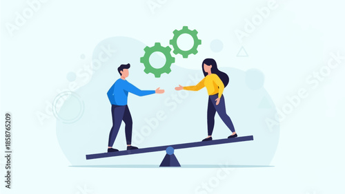 Two individuals collaborating on a project, balancing on a seesaw with gears above them, symbolizing partnership and innovation in a modern workspace
