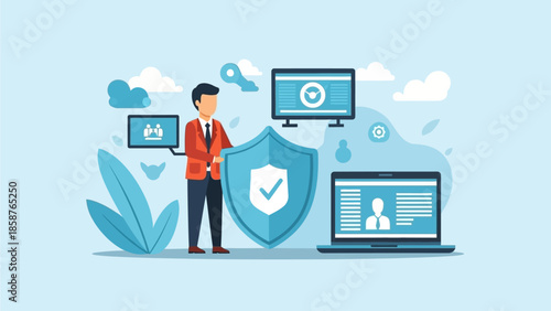 A person verifying online security measures on multiple devices with a shield icon in a digital environment from a neutral viewpoint