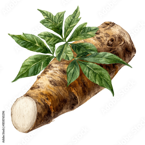 Isometric watercolor graphic of Cassava, neatly isolated on white background.
