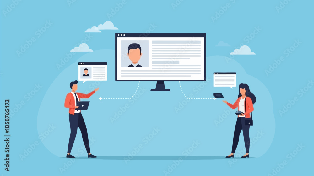 Fototapeta premium People interacting with digital profiles on a computer screen in a modern setting