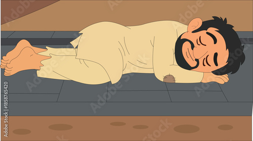 Homeless man character sleeping on the street pavement illustration