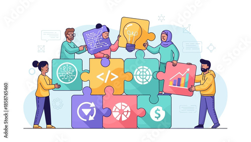 People collaborating on a puzzle with various icons representing different concepts