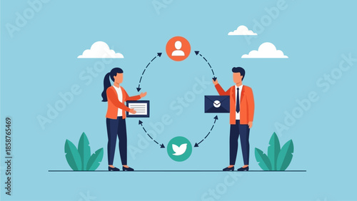 Two professionals exchanging digital information through social media platforms in a serene environment