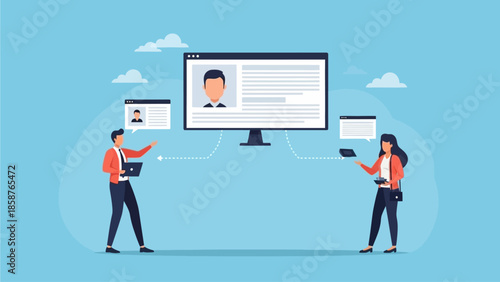 People interacting with digital profiles on a computer screen in a modern setting