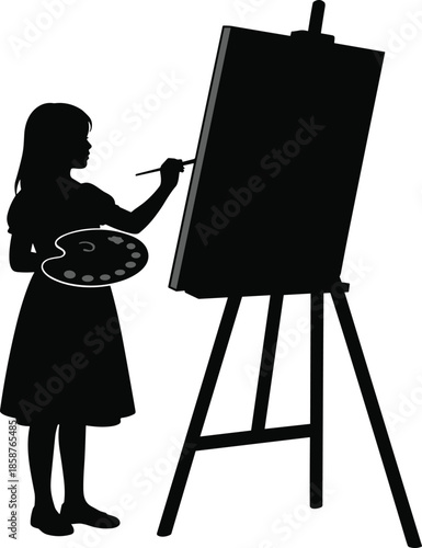 Silhouette of young girl painting on easel with brush and palette, isolated on white background, representing creativity, art education, and imagination