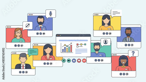 A team collaborating on a project through a video conferencing platform on a large screen display