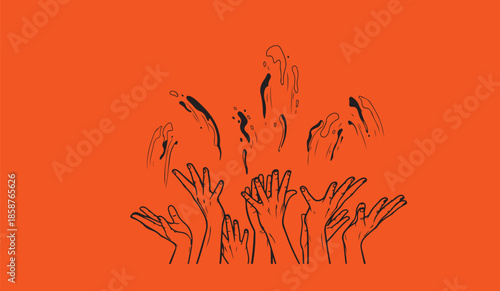  Raised Hands Throwing Colors During Holi Festival Line Art Illustration