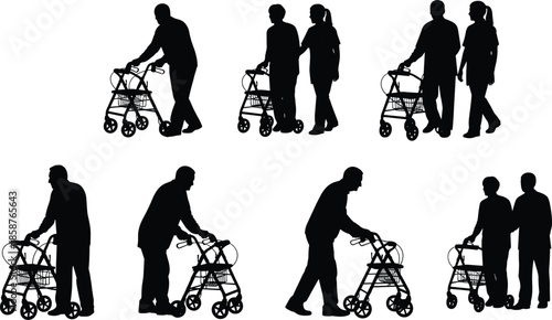 Set of elderly people silhouettes using walker, isolated on white background, representing senior care, mobility support, aging, health, and assistance concepts