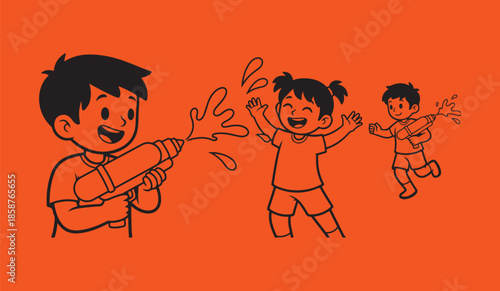 Kids Playing Holi with Water Guns Cute Line Art Vector Illustration on Orange Background