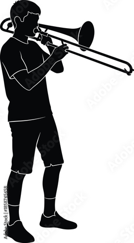 Silhouette of young trombone player performing music, isolated on white background, illustrating jazz, brass instrument, creativity, practice, and musical expression