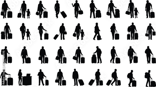 Travelers silhouette collection with suitcases showing airport journey, tourism lifestyle, family travel, business trips, transportation and mobility concept