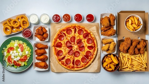 A spread of delicious fast food including pizza, chicken wings, fries, and salad