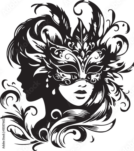 Vector illustration of a glamorous lady with a black and white winged mask and floral tattoo design featuring long hair, nature patterns, and line art silhouette for a fashion sketch