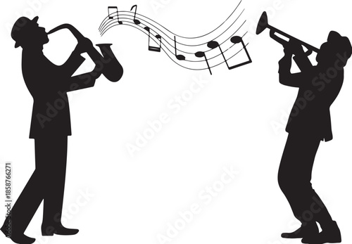 Silhouette illustration of a male musician playing the violin in a black vector style featuring a group of people from a jazz band concert