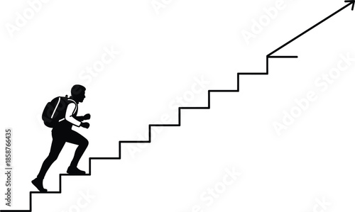 Silhouette of man climbing stairs with upward arrow, symbolizing career growth, success, motivation, progress, ambition, and achievement isolated on white