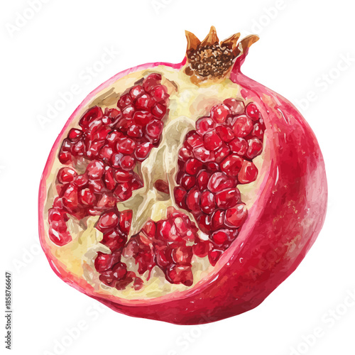 Isometric watercolor rendering of Pomegranate, isolated on a clean white background.