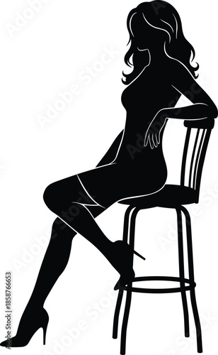 Elegant woman silhouette sitting on chair, feminine fashion pose, sensual confidence, glamour style, minimal design, beauty concept on white background