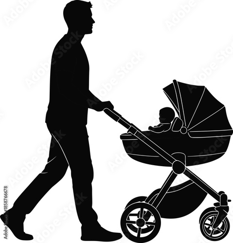 Father pushing baby stroller silhouette, modern parenting, childcare responsibility, family care, fatherhood, infant safety, daily life and parenting concept