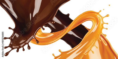Dynamic splash of rich chocolate and golden caramel liquids intertwining against a white background Vector