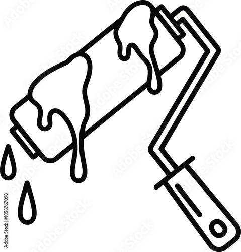 Paint roller with dripping paint and drops paint drops