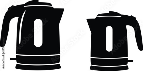 Set of electric kettle icons and teapot silhouettes vector illustration featuring various types of kitchen boiling water appliances isolated on white background.