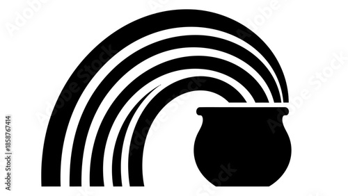 Black silhouette of a pot of gold at the end of a rainbow.