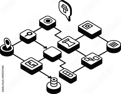 Isometric flowchart diagram featuring connected web icons including search location and data symbols for digital infrastructure networking and system architecture.