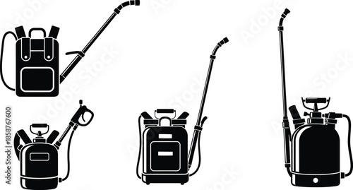 Set of garden pressure sprayer silhouette icons for agriculture pest control or lawn maintenance and farming irrigation equipment isolated on white background.