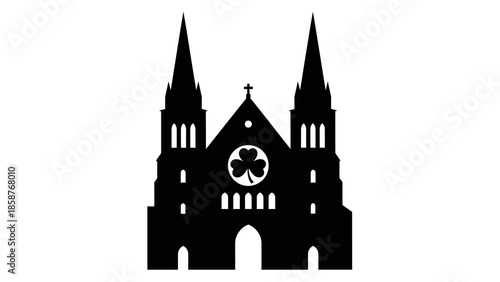 Silhouette of a Gothic Church with Twin Spires and Rose Window.