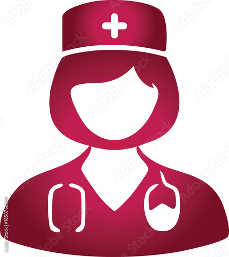 A simplified graphic illustration representing a medical professional, possibly a nurse or doctor, with a stethoscope and a cross emblem on their cap, symbolizing healthcare and medical