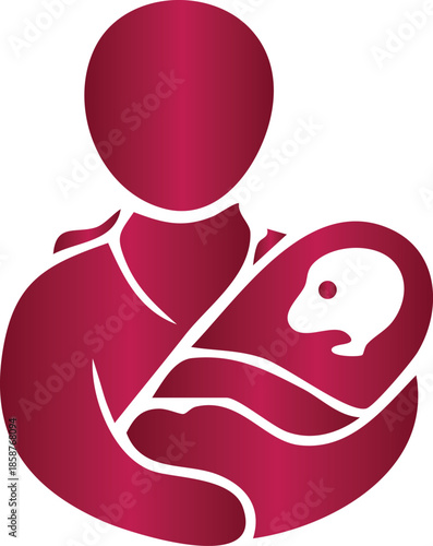 A stylized crimson icon depicting a nurturing figure holding a baby, symbolizing care, family, and protection with clean, modern lines