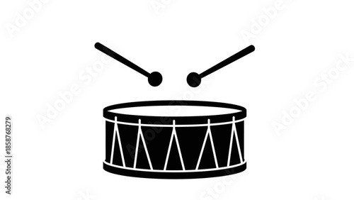 Simple black and white illustration of a drum with drumsticks.