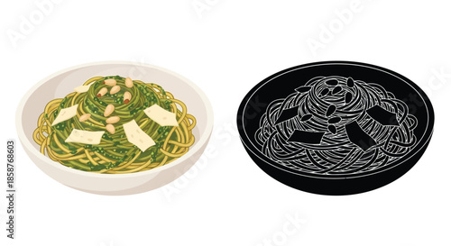 A vibrant plate of green pasta with white cheese and pine nuts presented