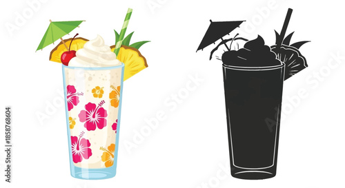 Colorful tropical drinks with umbrellas and floral patterns and a dark silhouette