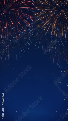 Blue and gold Abstract background and bokeh on New Year's Eve. Vertical Colorful fireworks illuminate a night sky with sparkling bokeh effects.	