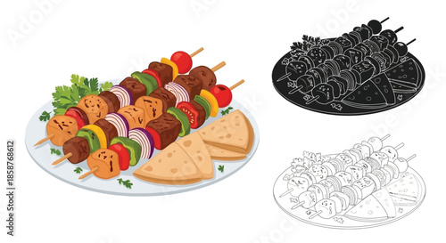 Delicious grilled meat skewers with vibrant vegetables and pita bread presentation
