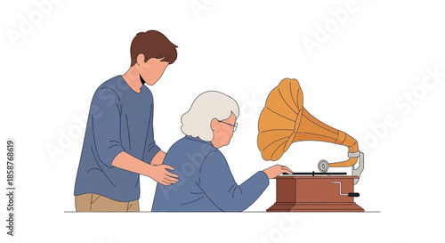 A young man and elderly woman listening to music on a vintage gramophone