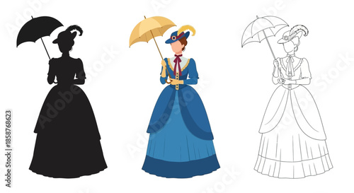 Three representations of a woman with an umbrella in vintage style