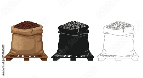 Three variations of sacks filled with coffee beans on wooden pallets
